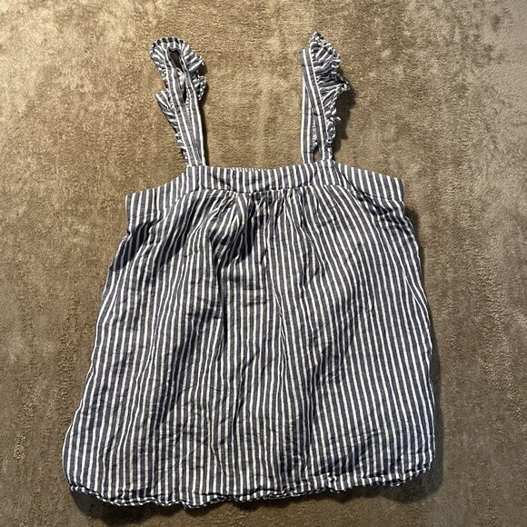 Old Navy Shirt Womens Medium Linen Ruffle Trim Sleeveless Tank Top Blue Striped - Picture 2 of 8
